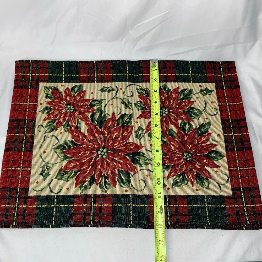 Set Of 4 Vintage Tapestry Christmas Poinsettia Placemats With Red/Green Plaid